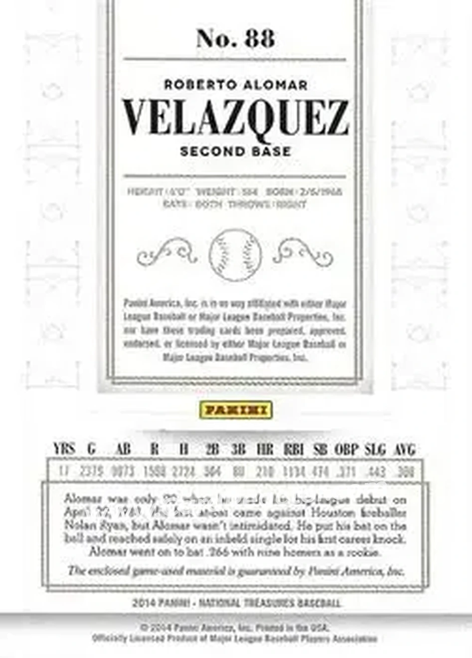 2014 Panini National Treasures #88 - Roberto Alomar - San Diego Padres - Back
