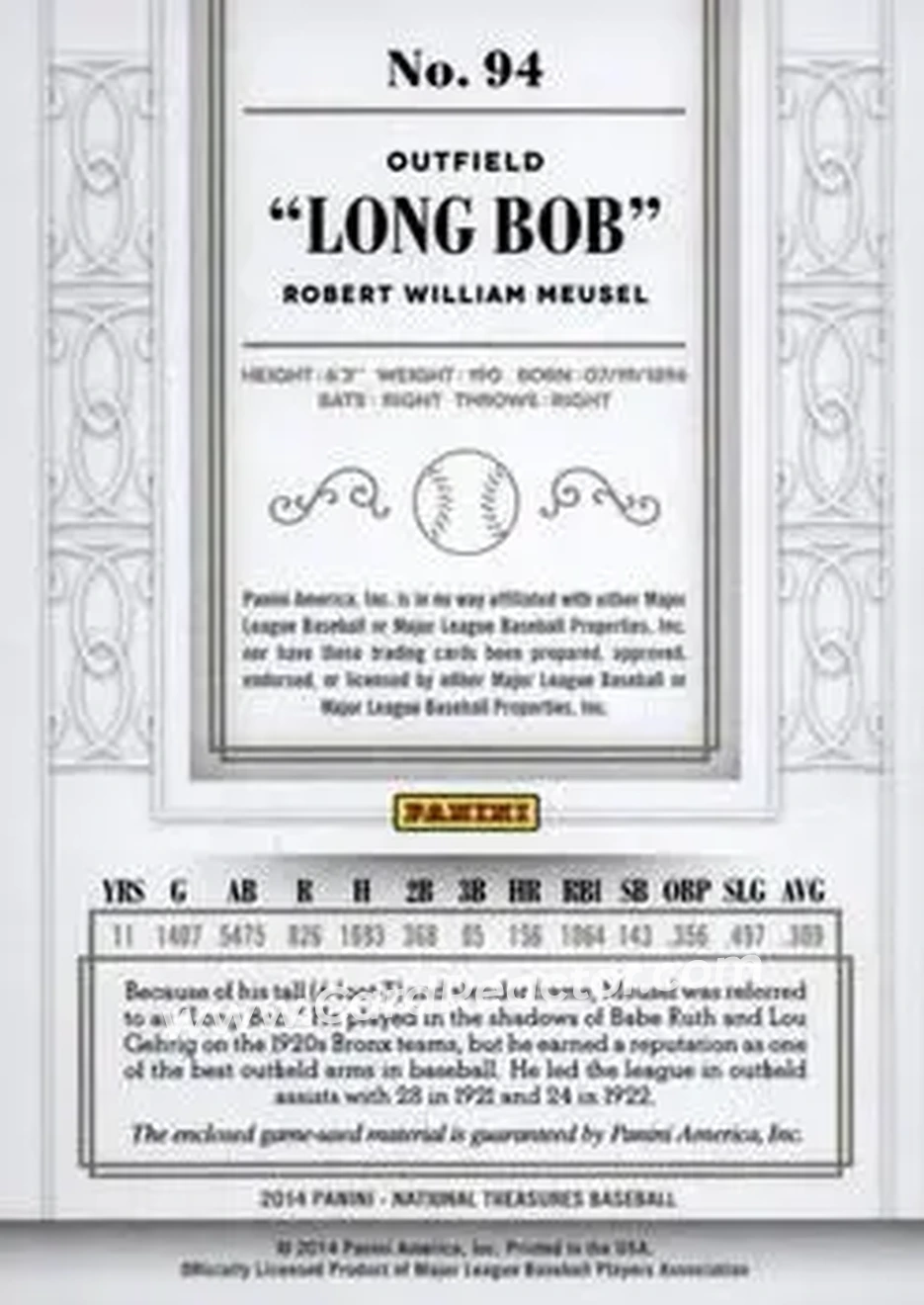 2014 Panini National Treasures #94 - Bob Meusel - New York Yankees - Back 2014 Panini National Treasures #94 - Bob Meusel - New York Yankees - Back