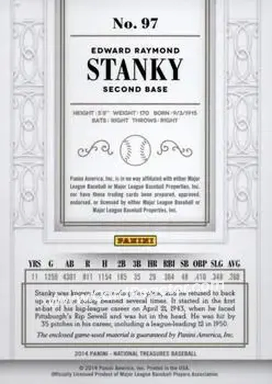 2014 Panini National Treasures #97 - Ed Stanky - Chicago Cubs - Back