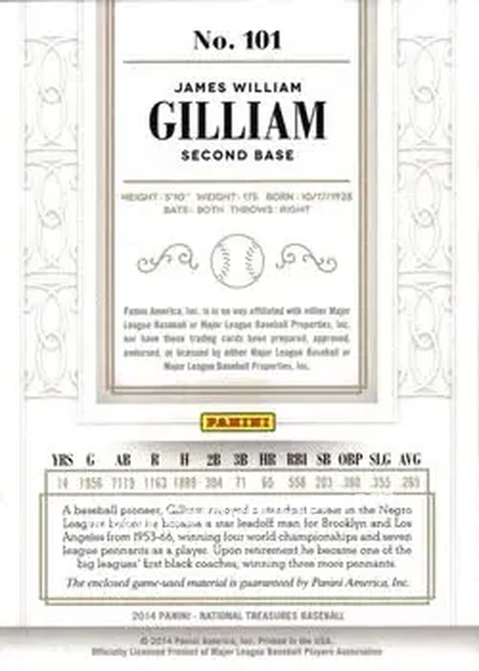 2014 Panini National Treasures #101 - Jim Gilliam - Brooklyn Dodgers - Back