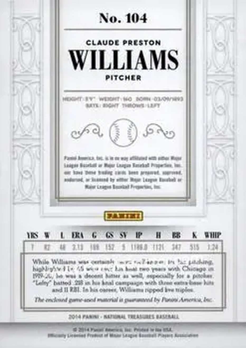2014 Panini National Treasures #104 - Lefty Williams - Chicago White Sox - Back