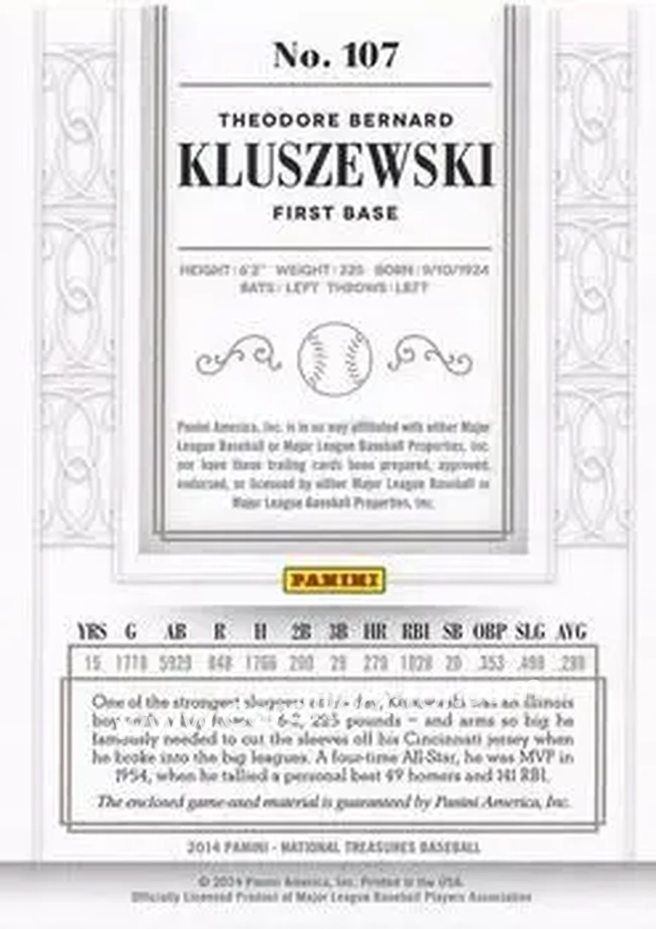 2014 Panini National Treasures #107 - Ted Kluszewski - Cincinnati Reds - Back