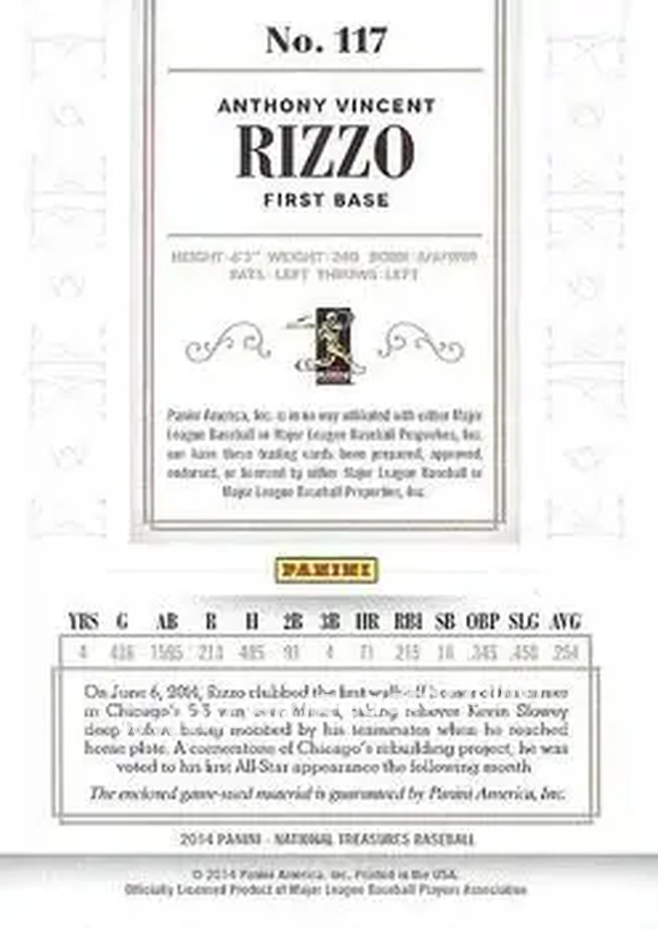 2014 Panini National Treasures #117 - Anthony Rizzo - Chicago Cubs - Back 2014 Panini National Treasures #117 - Anthony Rizzo - Chicago Cubs - Back
