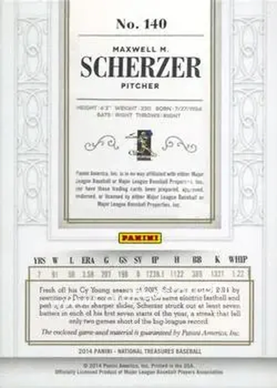 2014 Panini National Treasures #140 - Max Scherzer - Detroit Tigers - Back