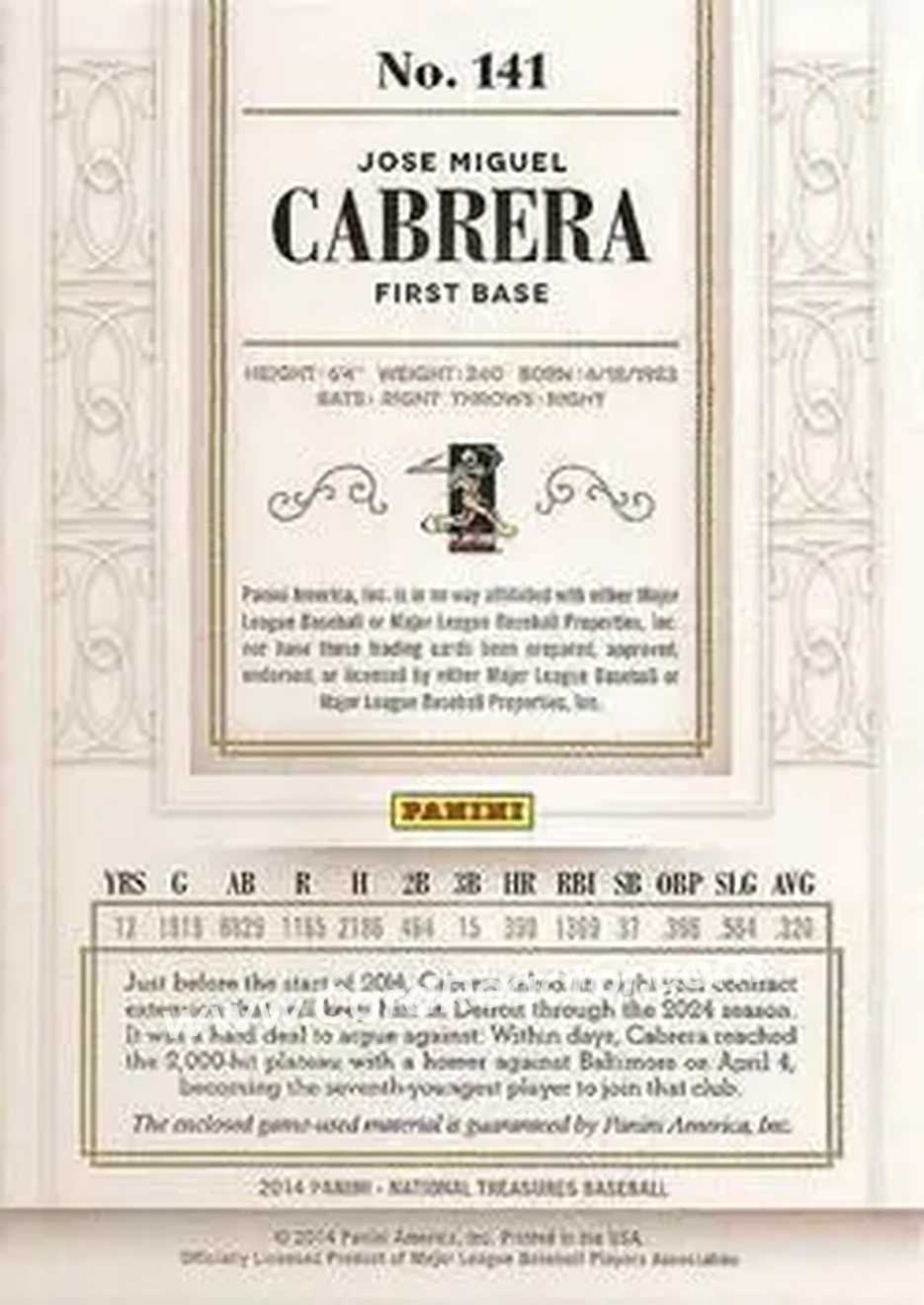 2014 Panini National Treasures #141 - Miguel Cabrera - Detroit Tigers - Back