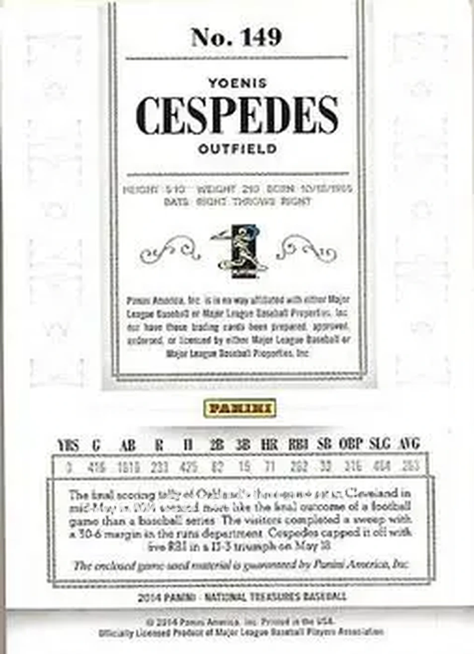 2014 Panini National Treasures #149 - Yoenis Cespedes - Oakland Athletics - Back 2014 Panini National Treasures #149 - Yoenis Cespedes - Oakland Athletics - Back