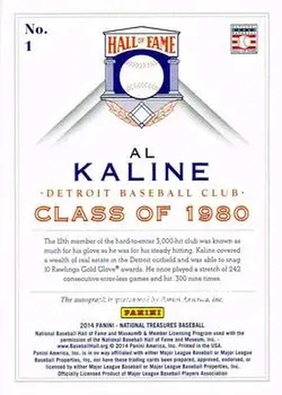 2014 Panini National Treasures - HOF Logo Signatures #1 - Al Kaline - Detroit Tigers - Back 2014 Panini National Treasures - HOF Logo Signatures #1 - Al Kaline - Detroit Tigers - Back