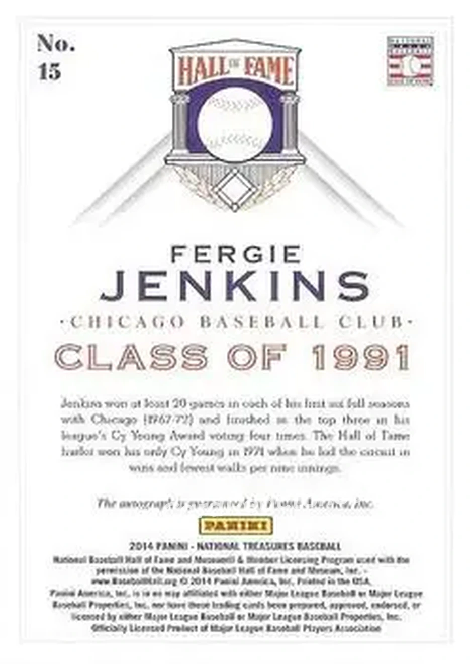 2014 Panini National Treasures - HOF Logo Signatures #15 - Ferguson Jenkins - Chicago Cubs - Back