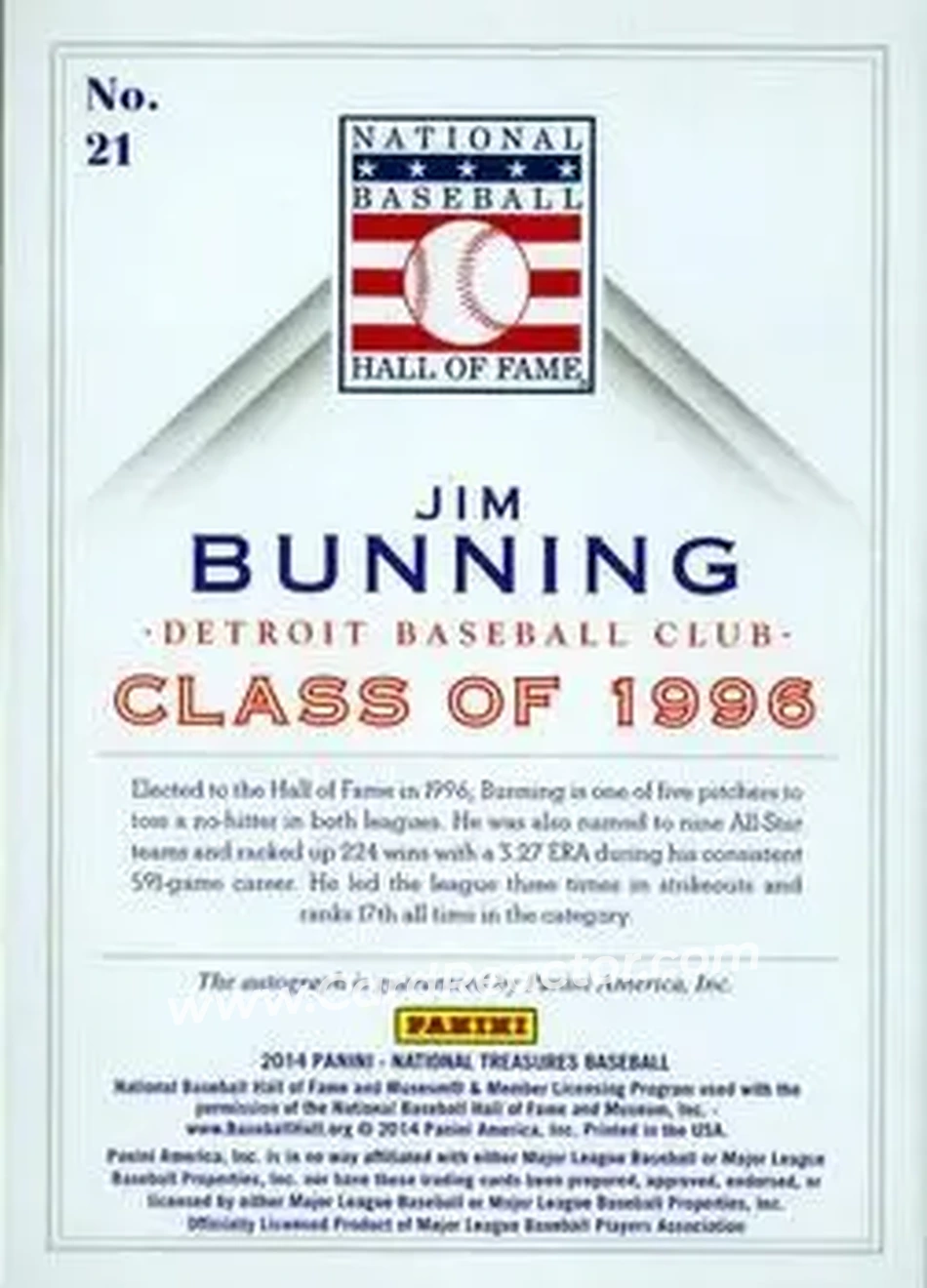 2014 Panini National Treasures - HOF Logo Signatures #21 - Jim Bunning - Detroit Tigers - Back