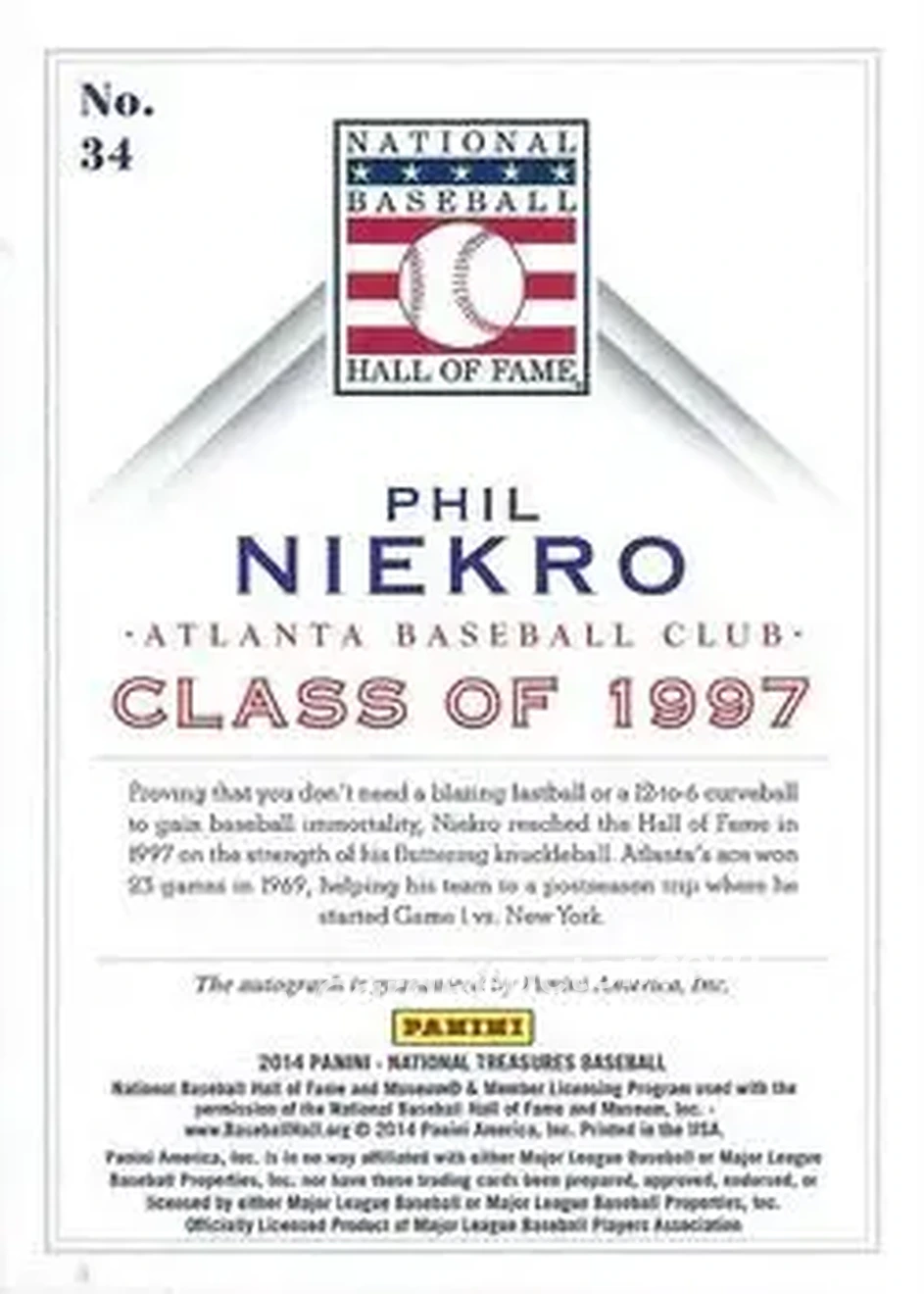 2014 Panini National Treasures - HOF Logo Signatures #34 - Phil Niekro - Atlanta Braves - Back