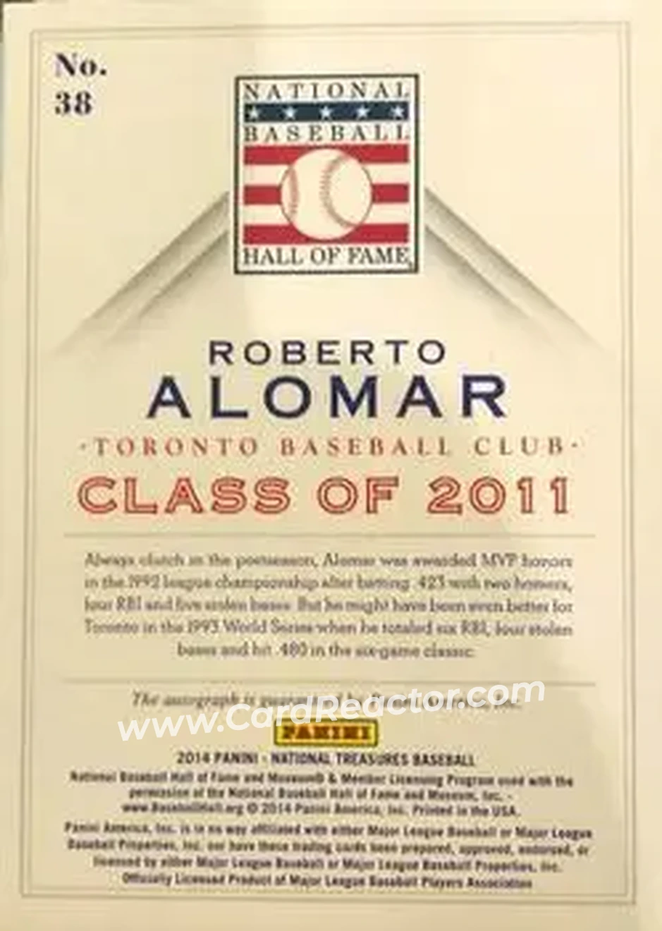 2014 Panini National Treasures - HOF Logo Signatures #38 - Roberto Alomar - Toronto Blue Jays - Back 2014 Panini National Treasures - HOF Logo Signatures #38 - Roberto Alomar - Toronto Blue Jays - Back