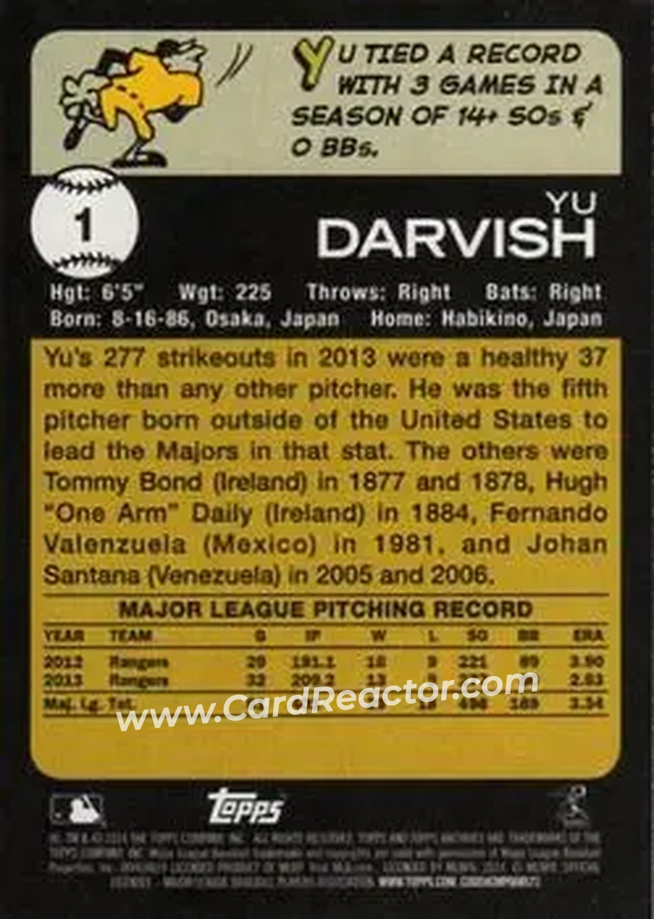 2014 Topps Archives #1 - Yu Darvish - Texas Rangers - Back