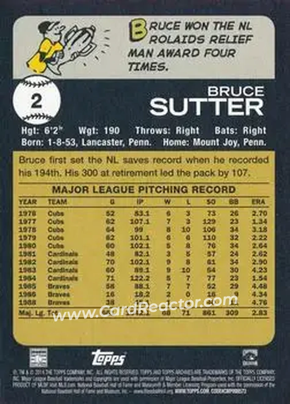 2014 Topps Archives #2 - Bruce Sutter - St. Louis Cardinals - Back