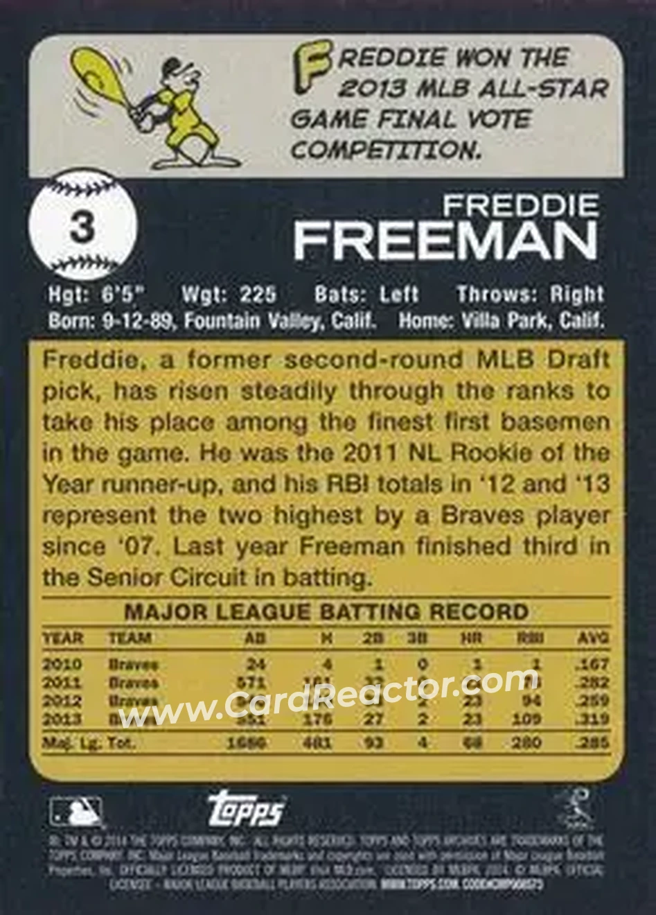 2014 Topps Archives #3 - Freddie Freeman - Atlanta Braves - Back