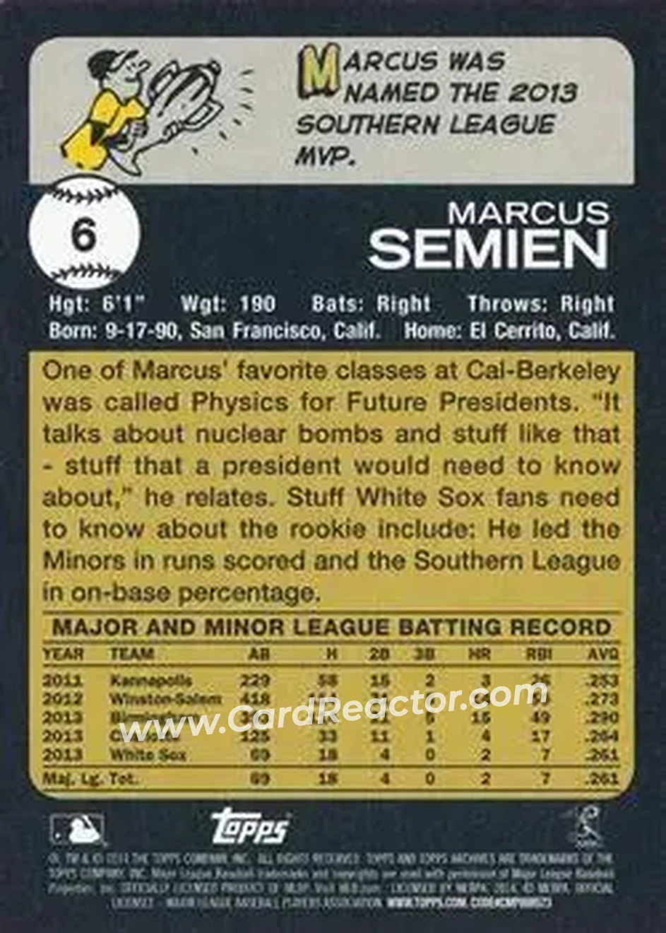 2014 Topps Archives #6 - Marcus Semien - Chicago White Sox - Back