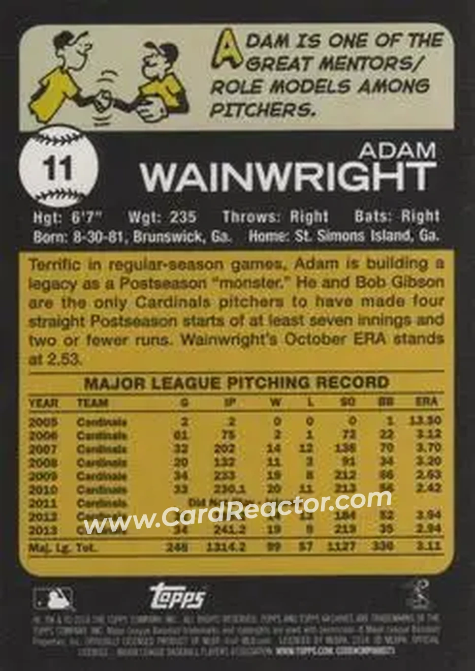2014 Topps Archives #11 - Adam Wainwright - St. Louis Cardinals - Back