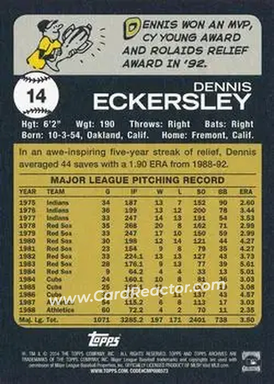 2014 Topps Archives #14 - Dennis Eckersley - Oakland Athletics - Back
