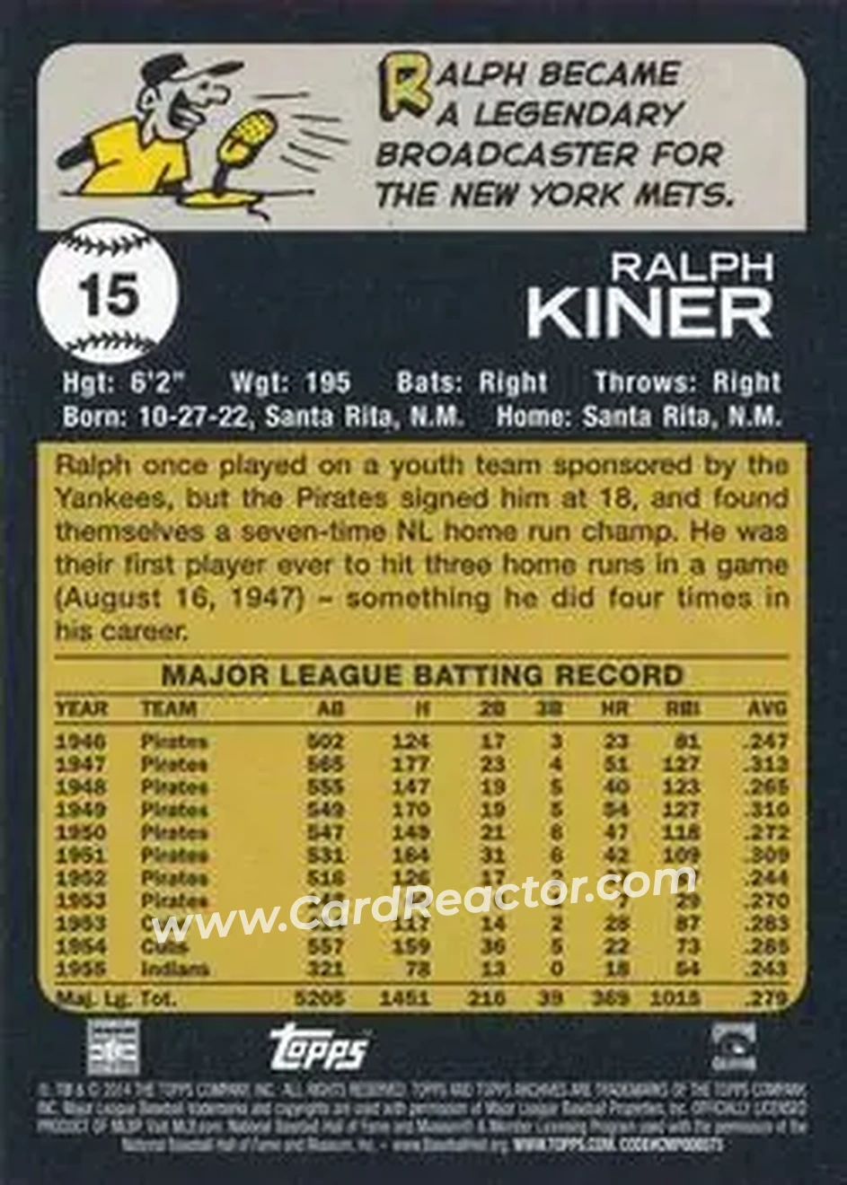 2014 Topps Archives #15 - Ralph Kiner - Pittsburgh Pirates - Back 2014 Topps Archives #15 - Ralph Kiner - Pittsburgh Pirates - Back