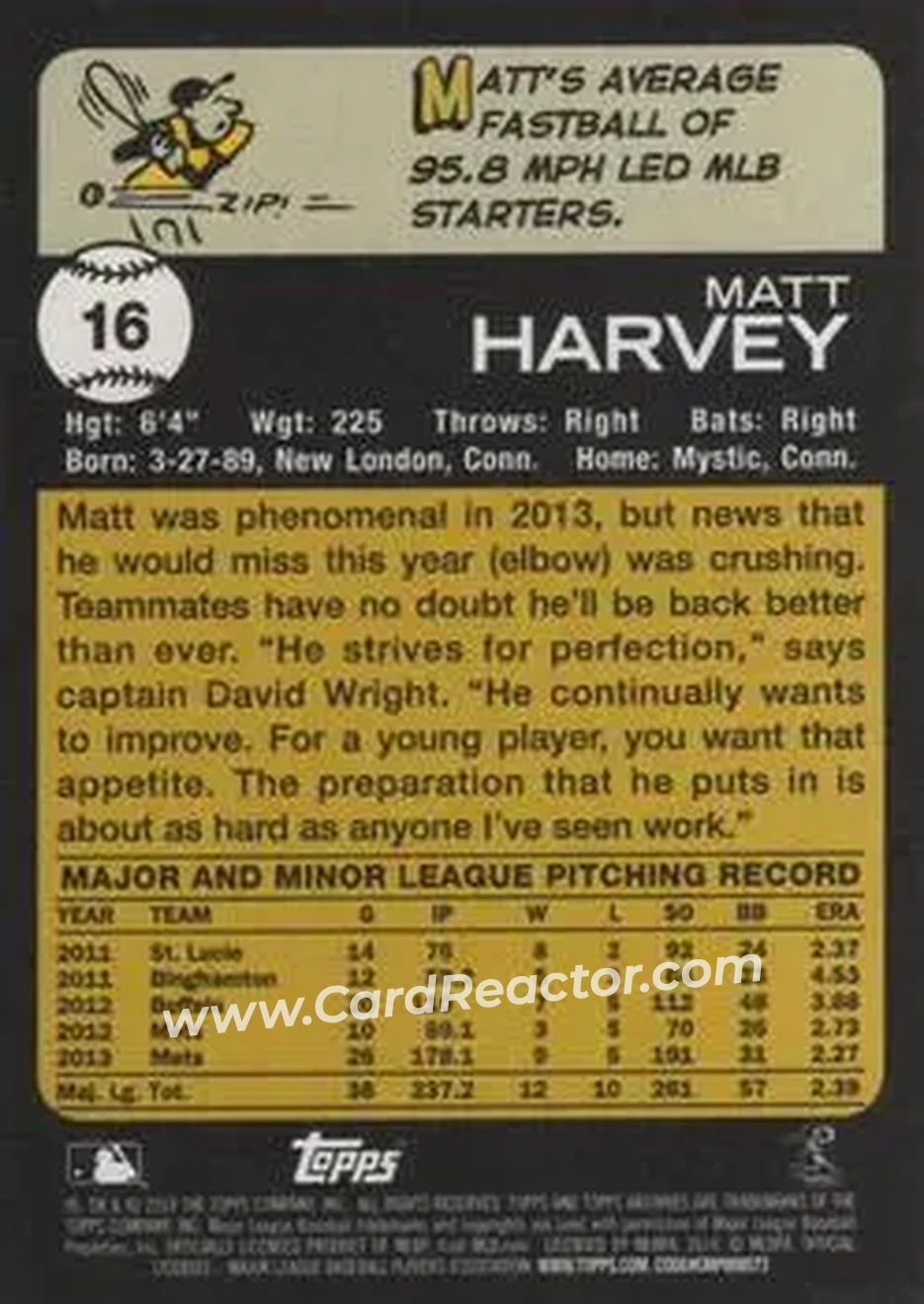 2014 Topps Archives #16 - Matt Harvey - New York Mets - Back
