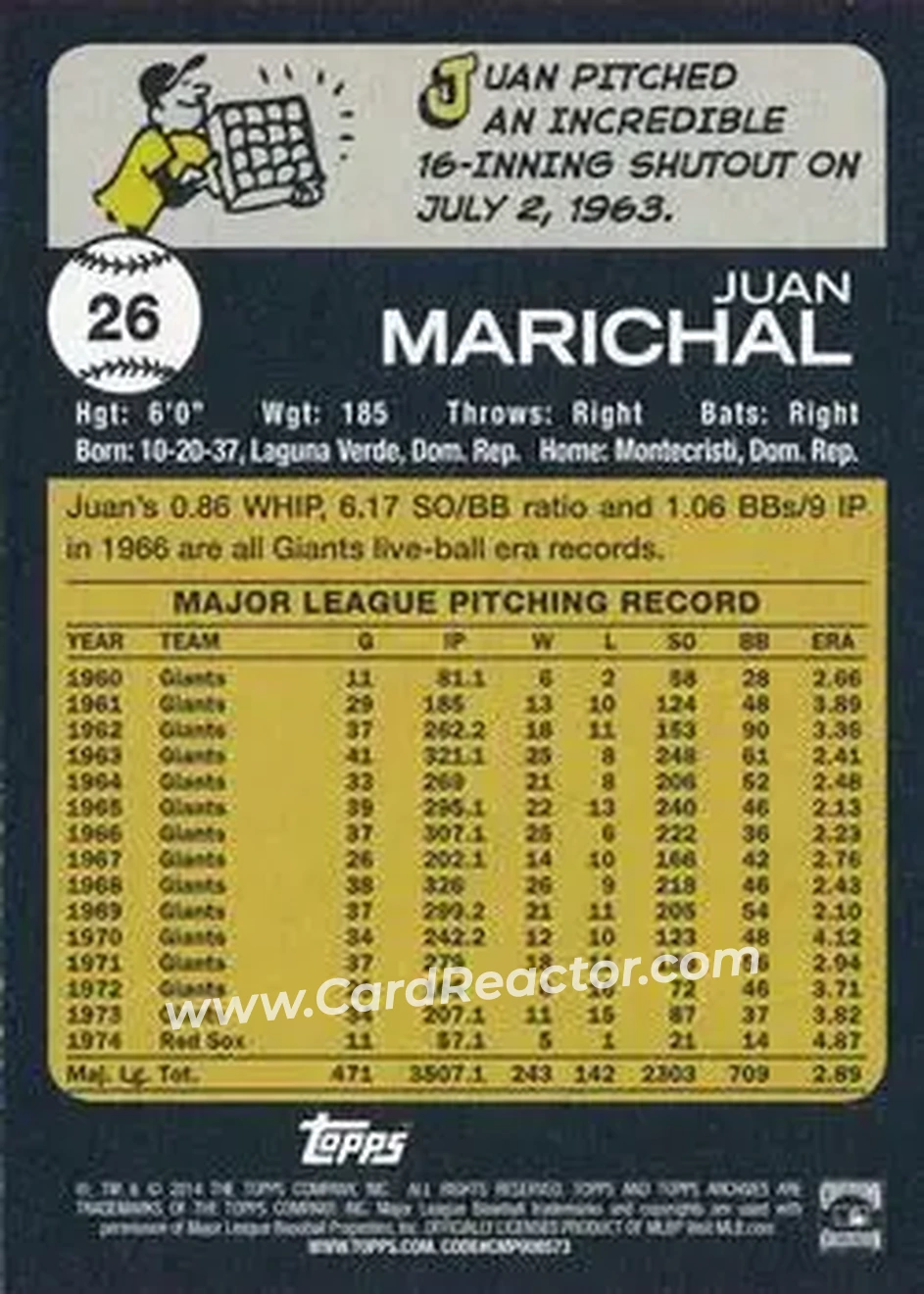 2014 Topps Archives #26 - Juan Marichal - San Francisco Giants - Back