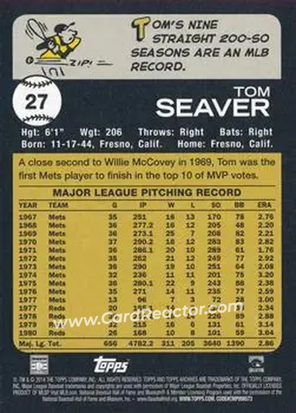 2014 Topps Archives #27 - Tom Seaver - New York Mets - Back 2014 Topps Archives #27 - Tom Seaver - New York Mets - Back