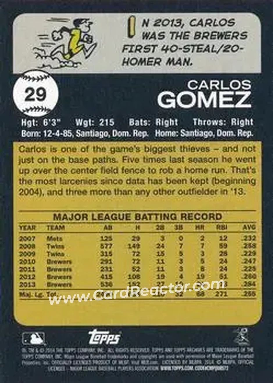 2014 Topps Archives #29 - Carlos Gomez - Milwaukee Brewers - Back