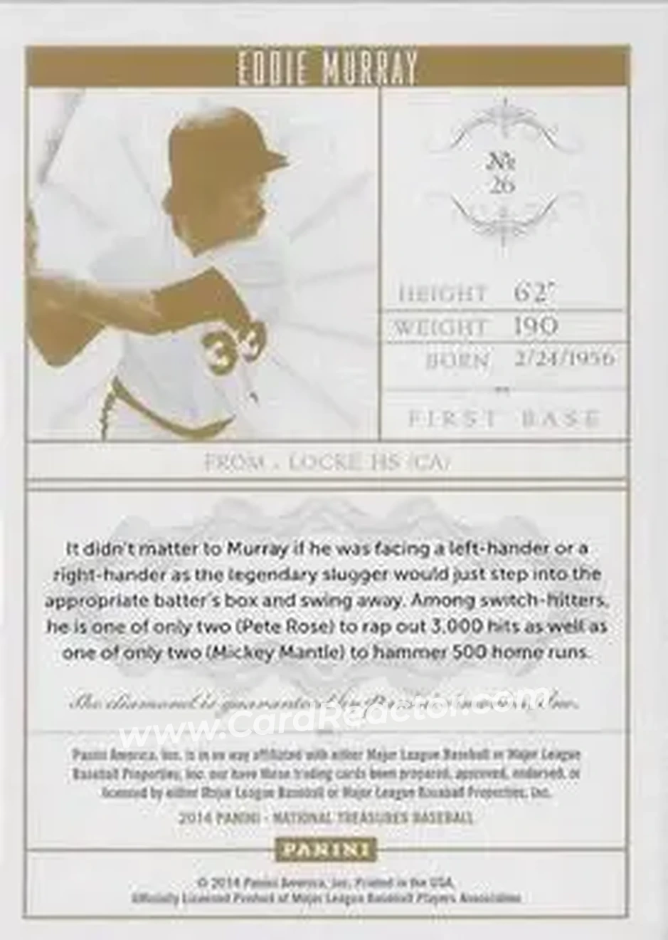 2014 Panini National Treasures - Flawless Diamond #26 - Eddie Murray - Baltimore Orioles - Back