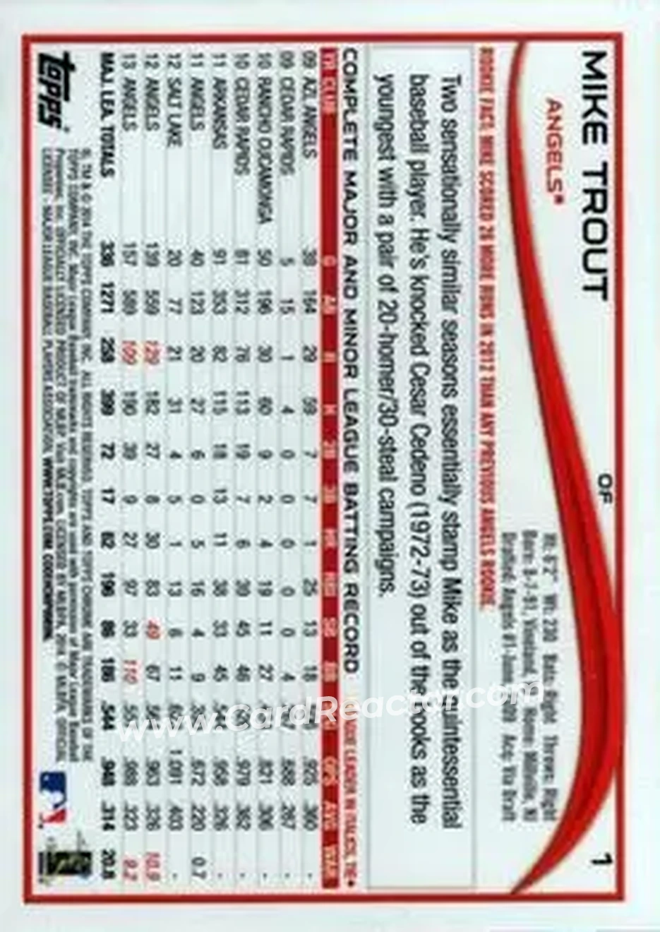 2014 Topps Chrome #1 - Mike Trout - Los Angeles Angels - Back