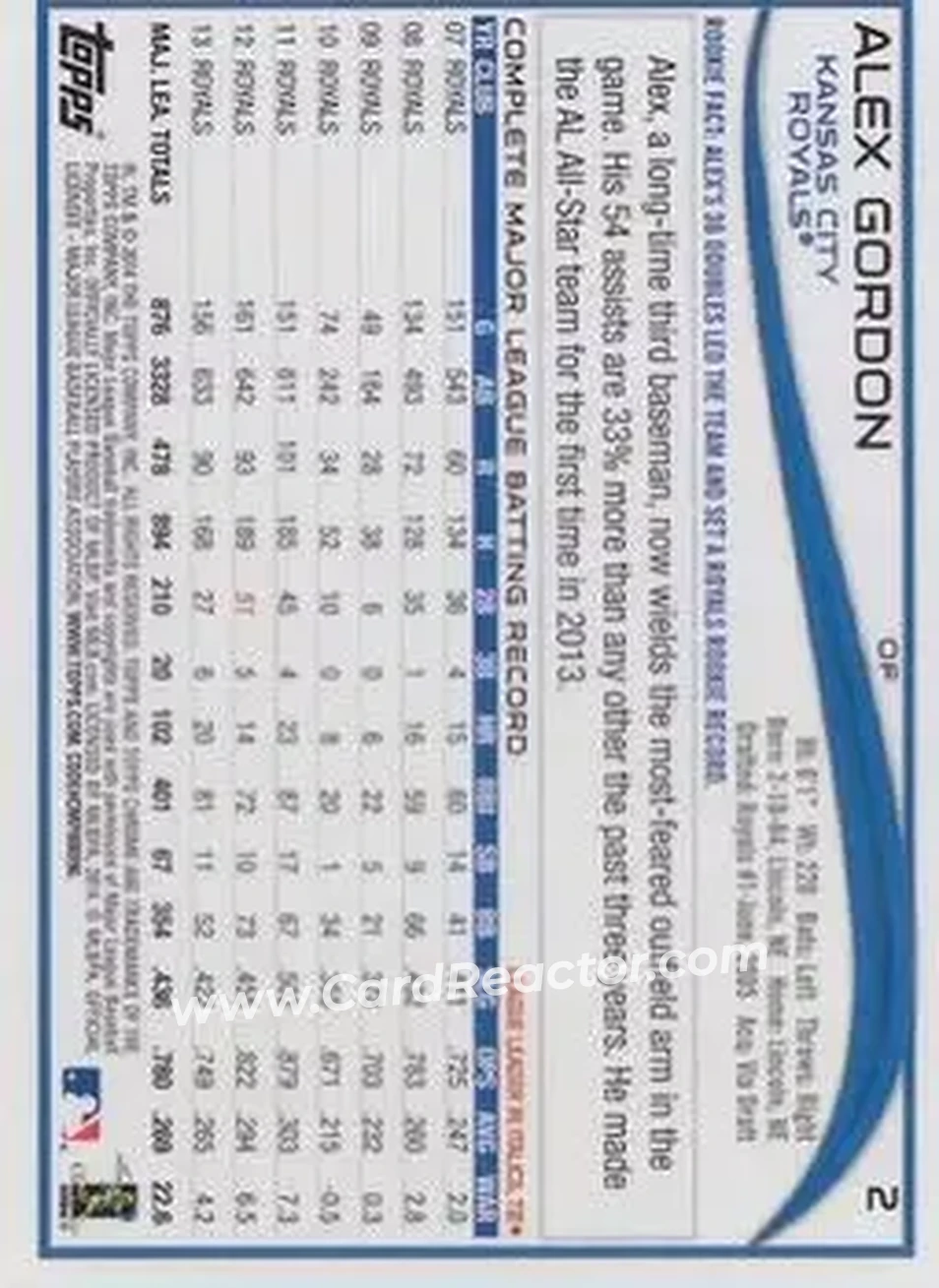 2014 Topps Chrome #2 - Alex Gordon - Kansas City Royals - Back