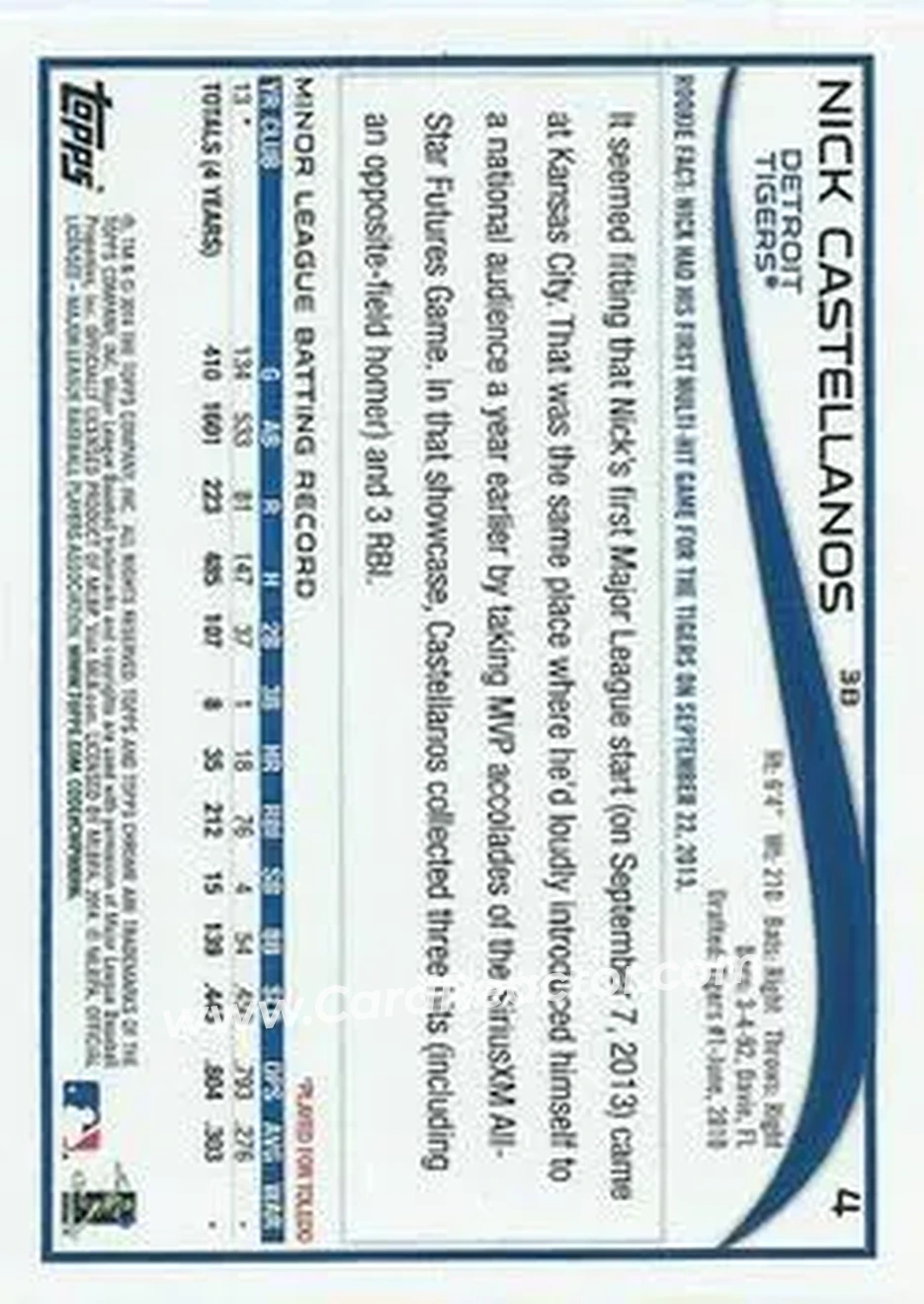 2014 Topps Chrome #4 - Nick Castellanos - Detroit Tigers - Back