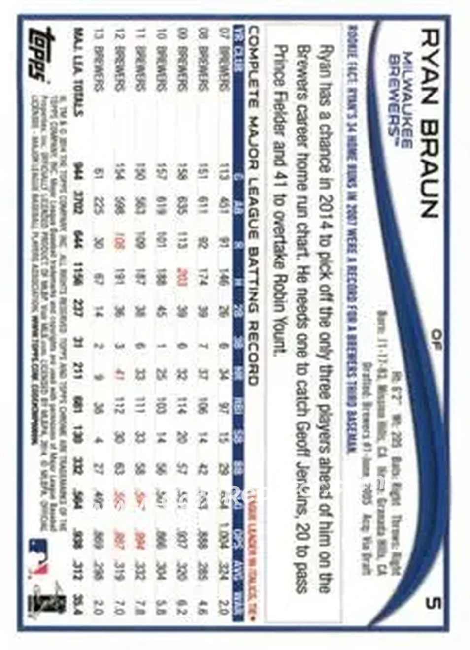 2014 Topps Chrome #5 - Ryan Braun - Milwaukee Brewers - Back