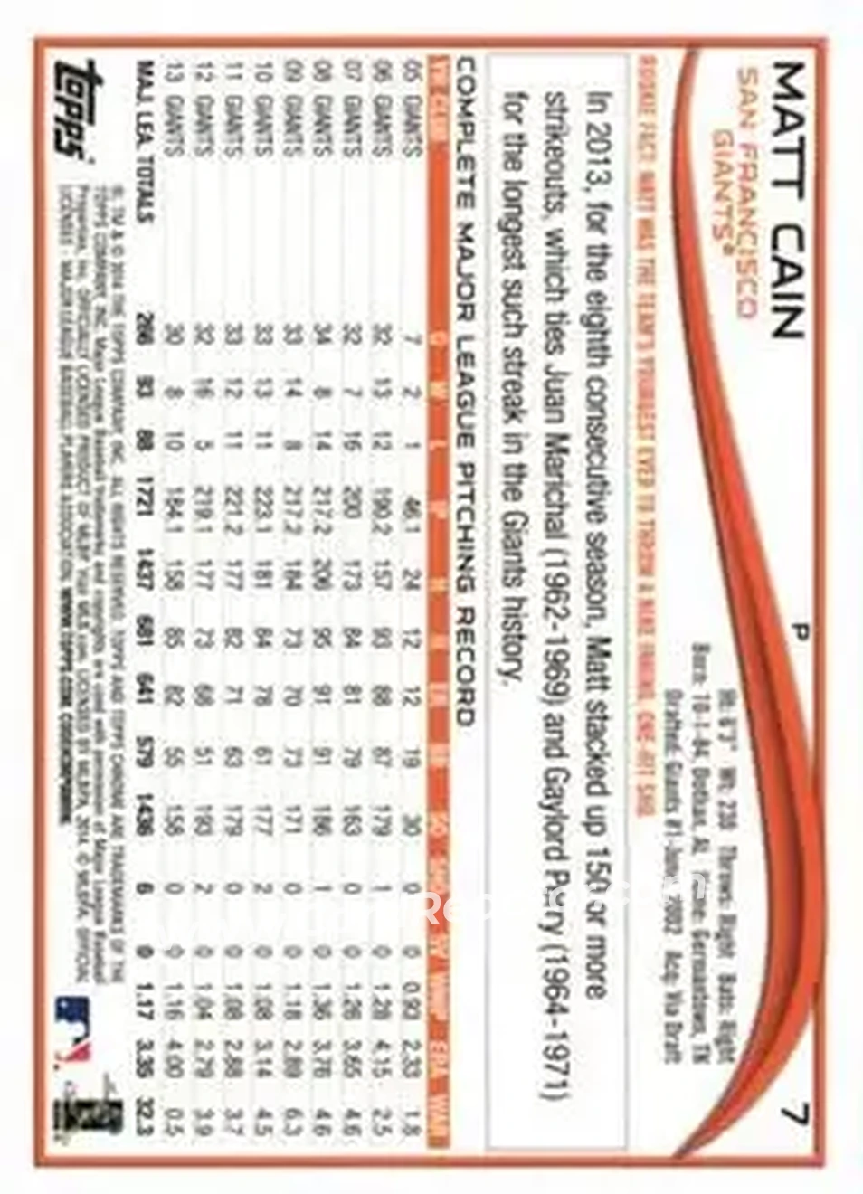 2014 Topps Chrome #7 - Matt Cain - San Francisco Giants - Back