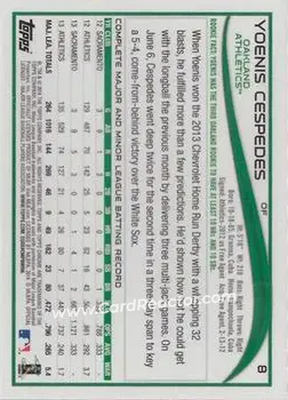 2014 Topps Chrome #8 - Yoenis Cespedes - Oakland Athletics - Back
