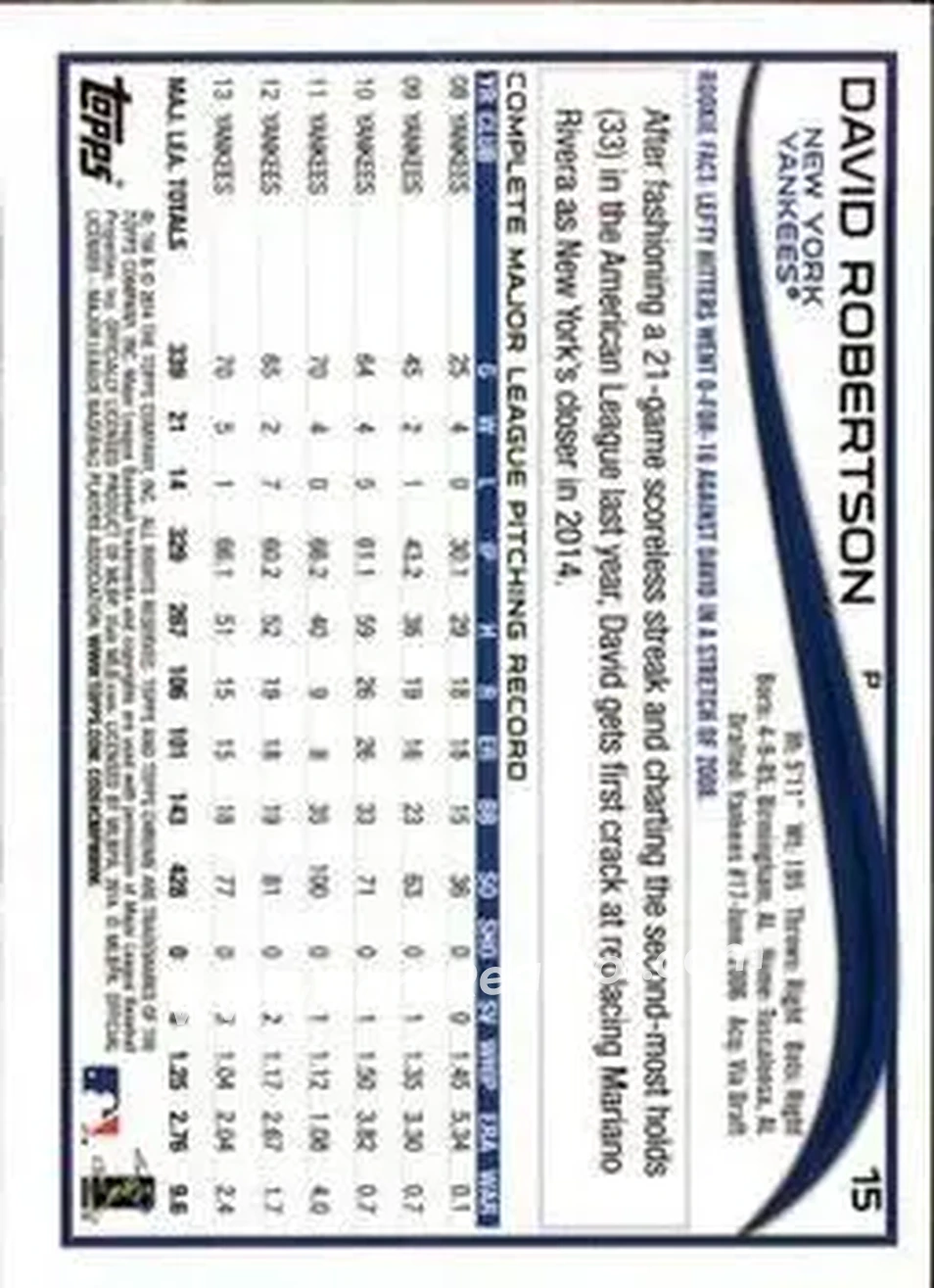 2014 Topps Chrome #15 - David Robertson - New York Yankees - Back