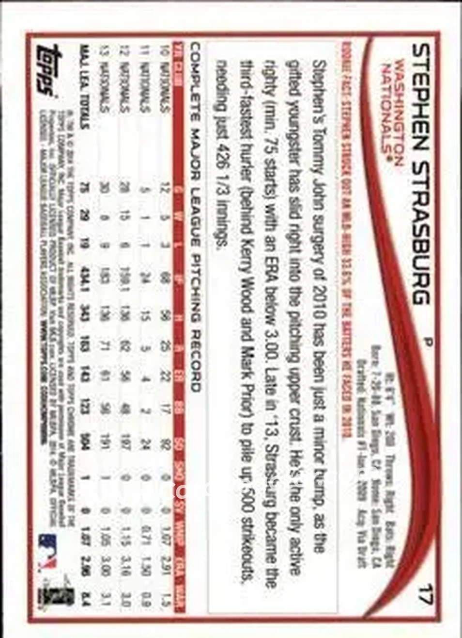 2014 Topps Chrome #17 - Stephen Strasburg - Washington Nationals - Back