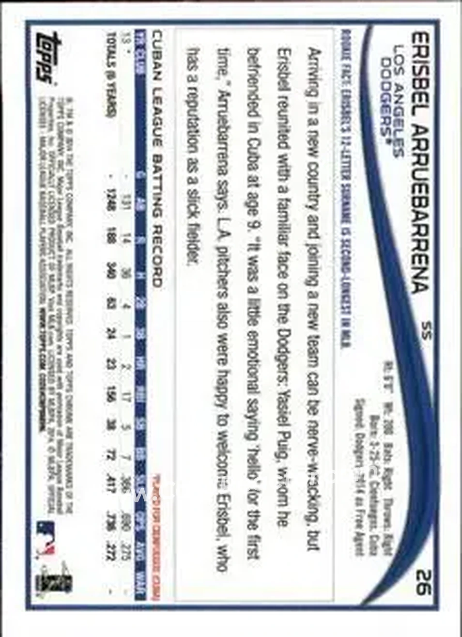 2014 Topps Chrome #26 - Erisbel Arruebarrena - Los Angeles Dodgers - Back