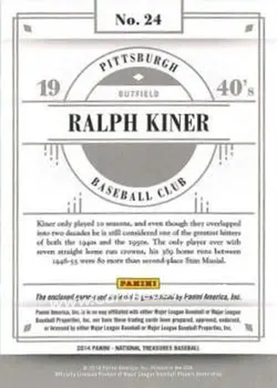 2014 Panini National Treasures - All Decade #24 - Ralph Kiner - Pittsburgh Pirates - Back