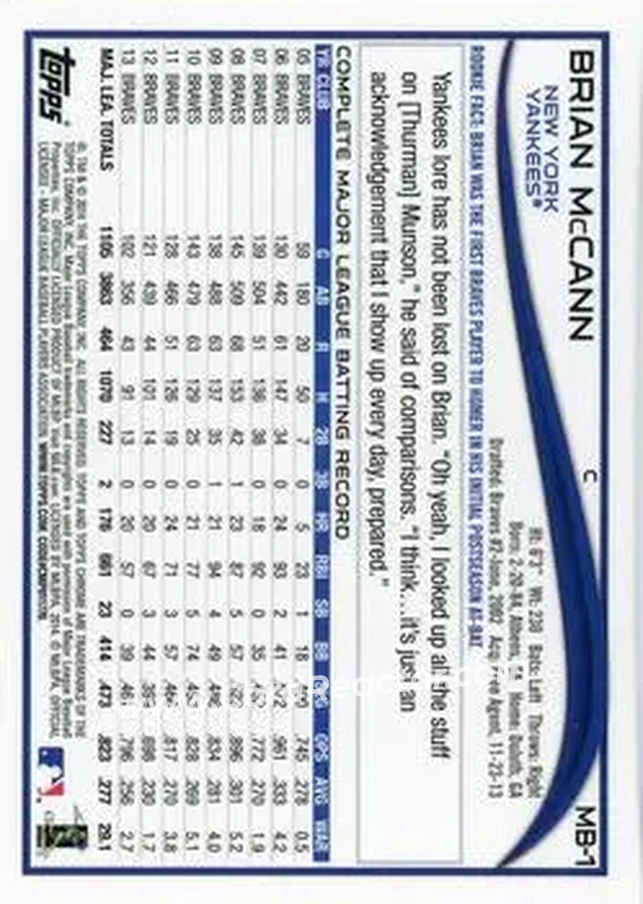 2014 Topps Chrome Update #MB-1 - Brian McCann - New York Yankees - Back