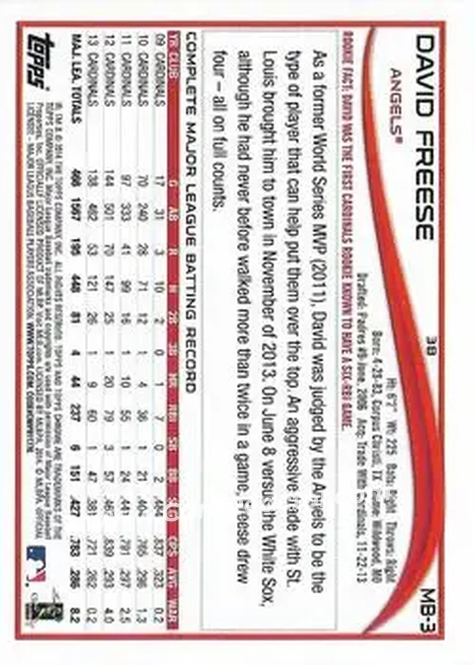2014 Topps Chrome Update #MB-3 - David Freese - Los Angeles Angels - Back