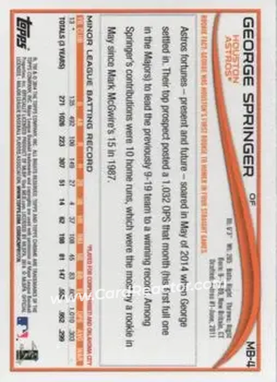 2014 Topps Chrome Update #MB-4 - George Springer - Houston Astros - Back