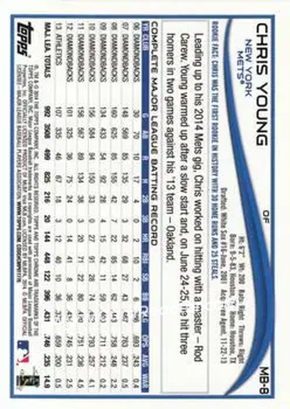 2014 Topps Chrome Update #MB-8 - Chris Young - New York Mets - Back