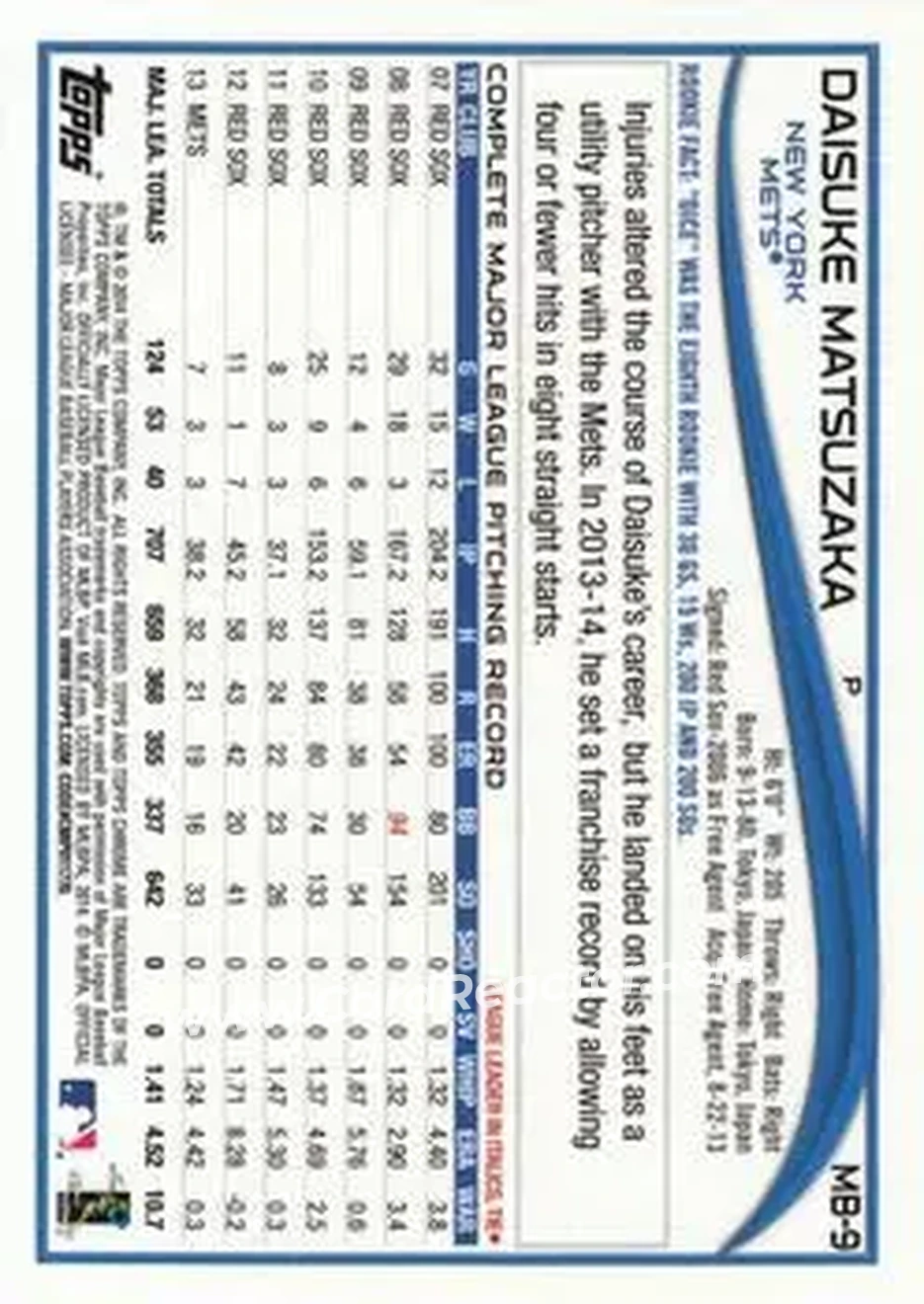 2014 Topps Chrome Update #MB-9 - Daisuke Matsuzaka - New York Mets - Back