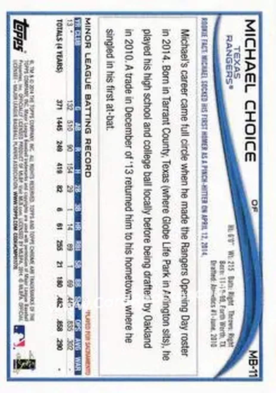 2014 Topps Chrome Update #MB-11 - Michael Choice - Texas Rangers - Back