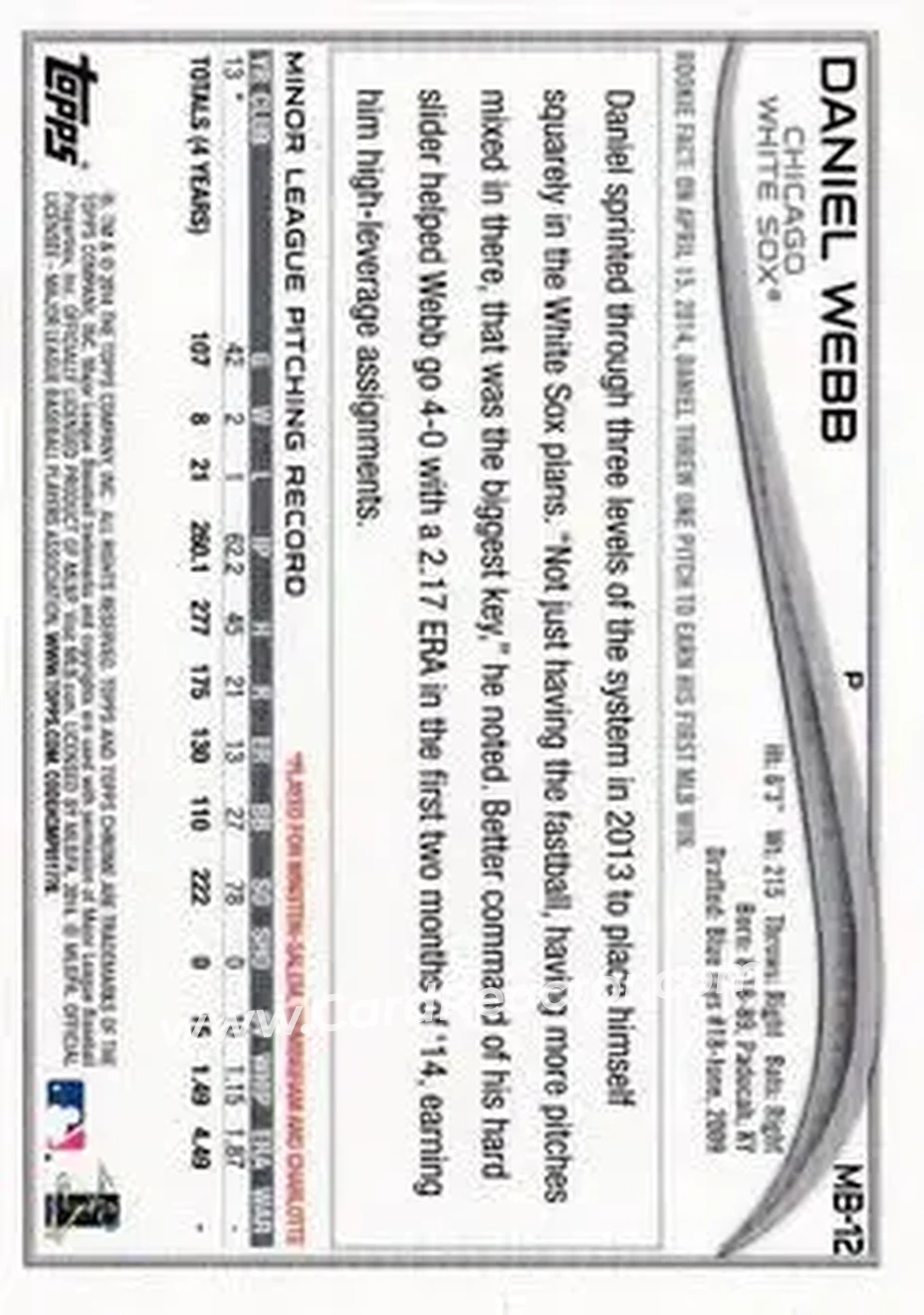 2014 Topps Chrome Update #MB-12 - Daniel Webb - Chicago White Sox - Back