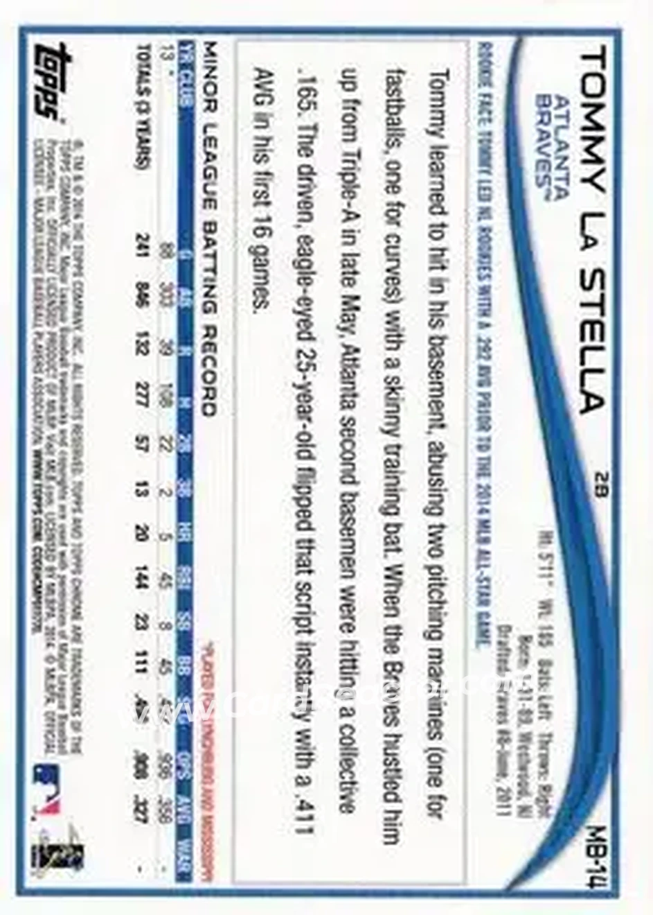 2014 Topps Chrome Update #MB-14 - Tommy La Stella - Atlanta Braves - Back