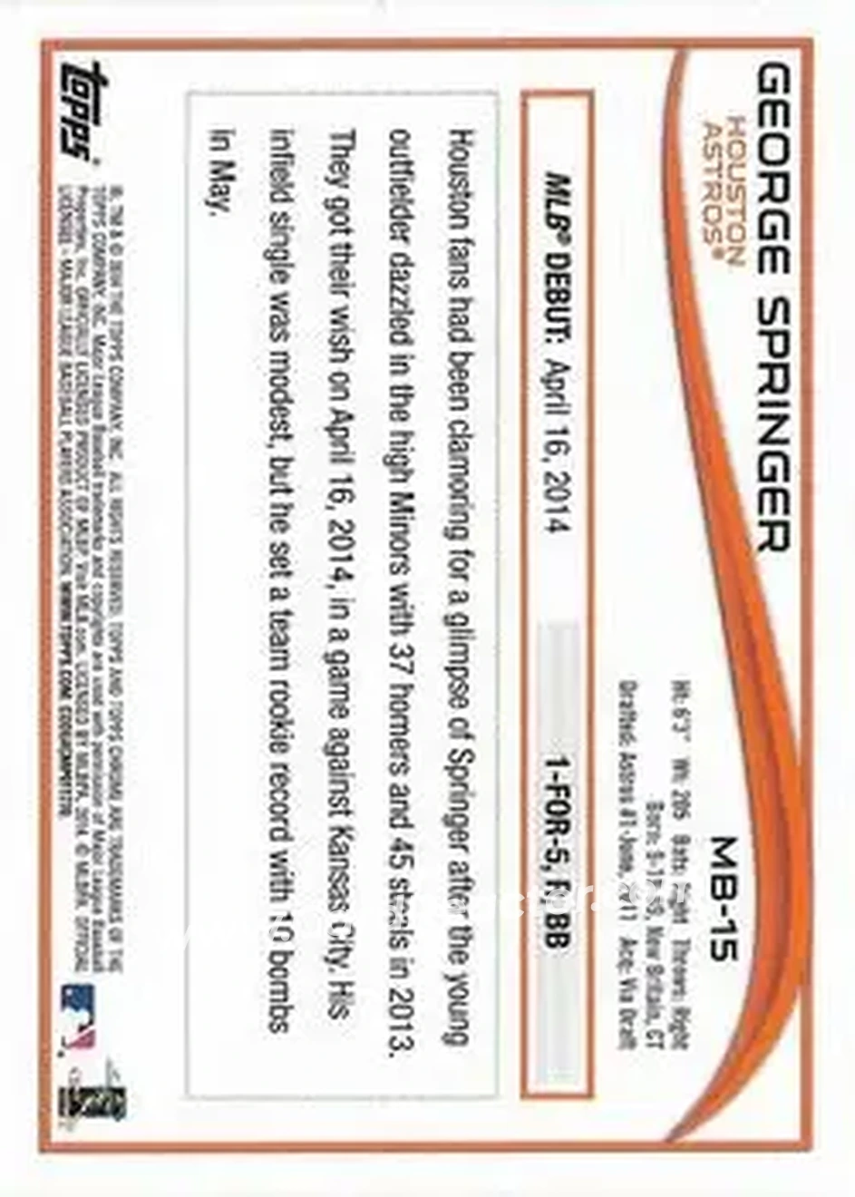 2014 Topps Chrome Update #MB-15 - George Springer - Houston Astros - Back