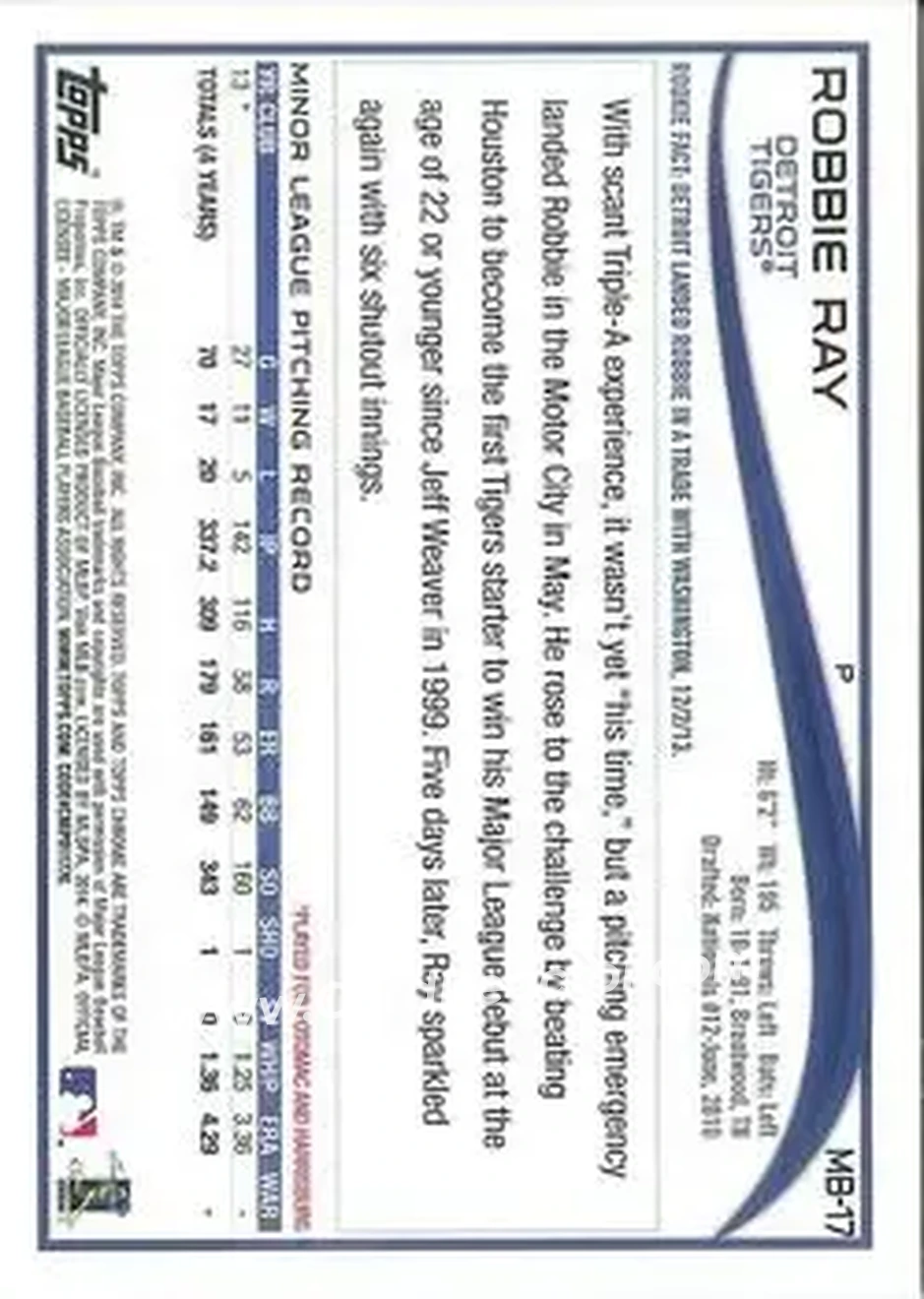 2014 Topps Chrome Update #MB-17 - Robbie Ray - Detroit Tigers - Back