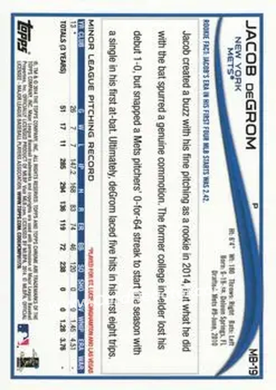 2014 Topps Chrome Update #MB-19 - Jacob deGrom - New York Mets - Back