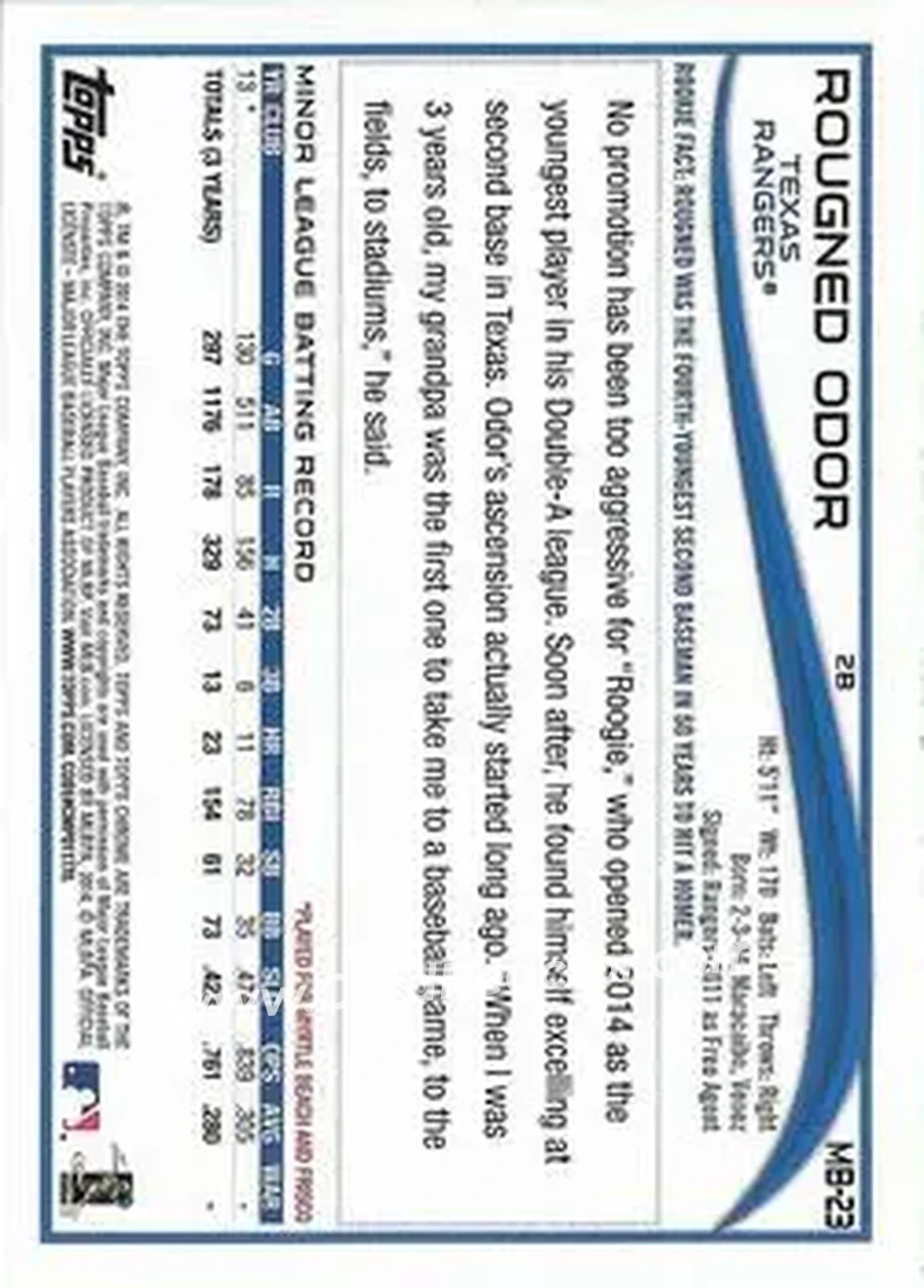 2014 Topps Chrome Update #MB-23 - Rougned Odor - Texas Rangers - Back