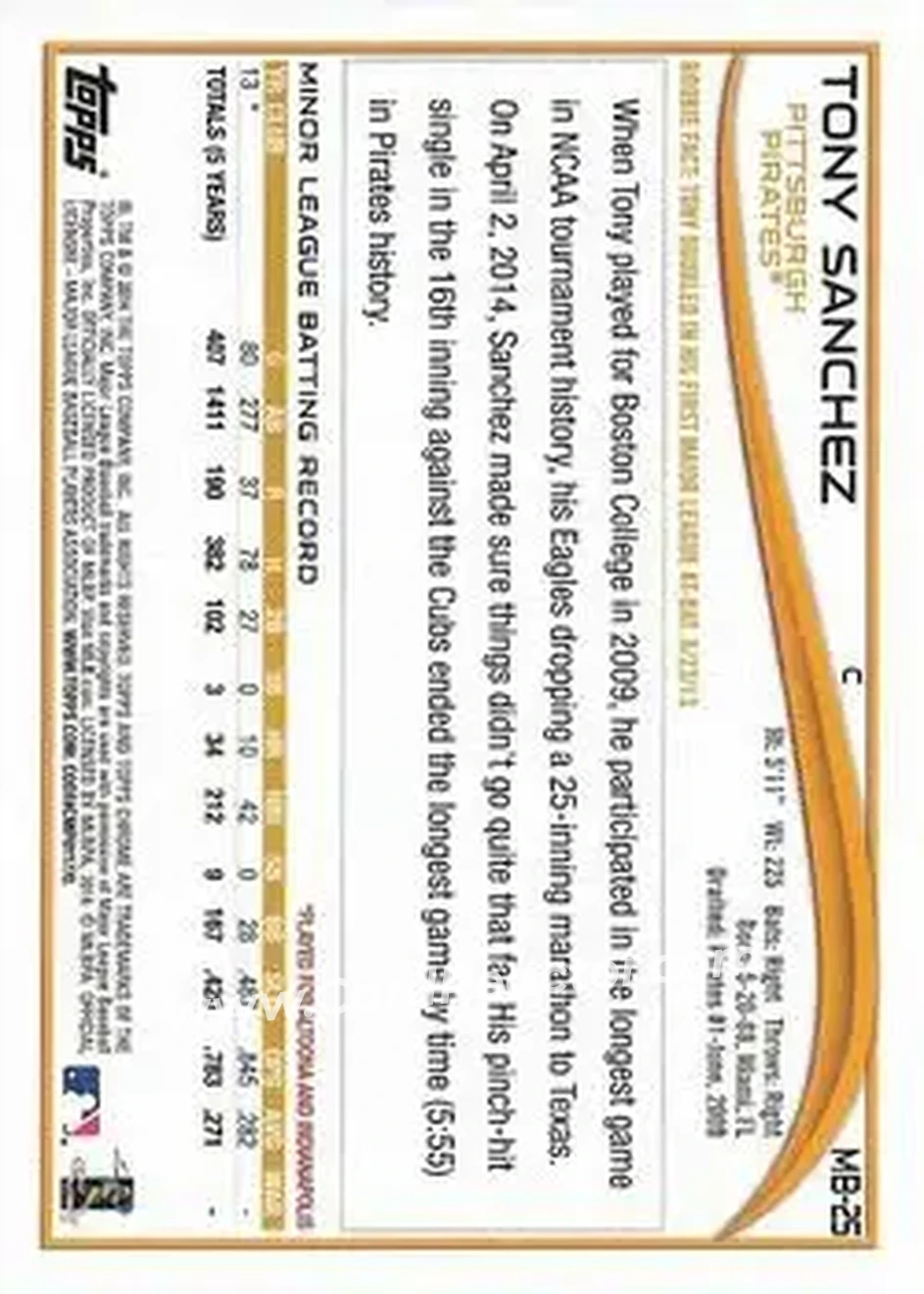 2014 Topps Chrome Update #MB-25 - Tony Sanchez - Pittsburgh Pirates - Back